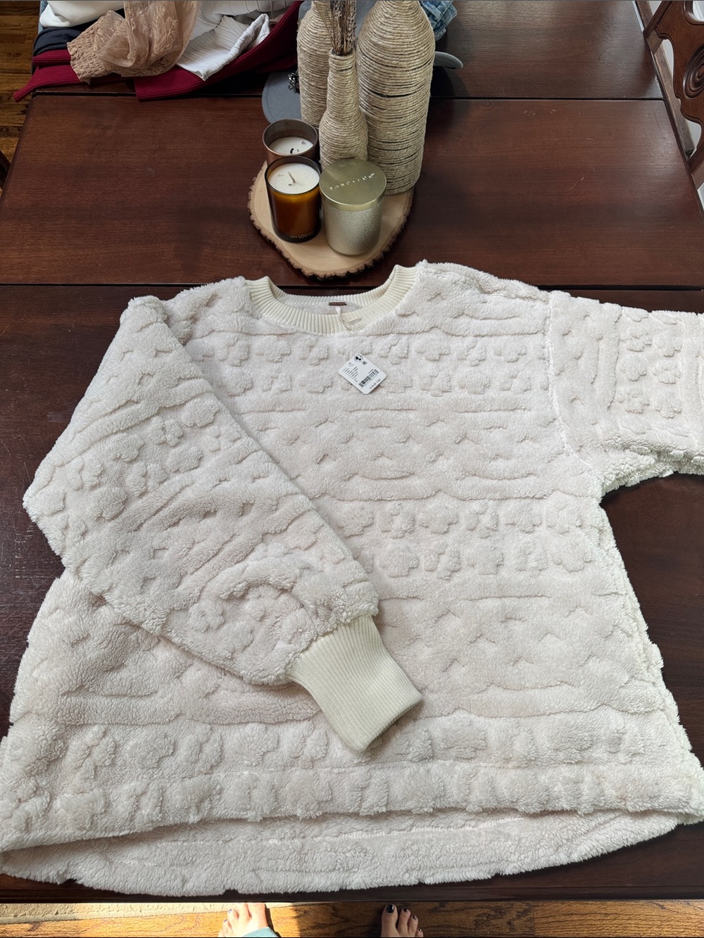 Free People Cream Textured Fuzzy Sweatshirt
